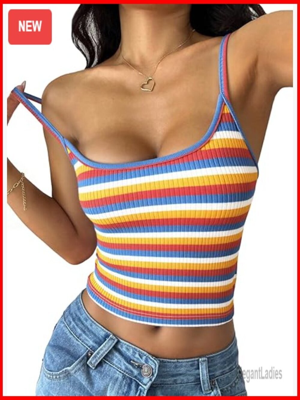 Striped Crop Tank Top Sleeveless Spaghetti Strap Slim Fit Knit Cami